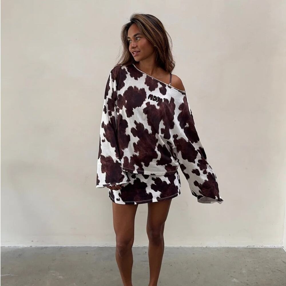 NWT NOM Soft Cow Print Skirt Set with Tank and Long Sleeve Top Size Medium